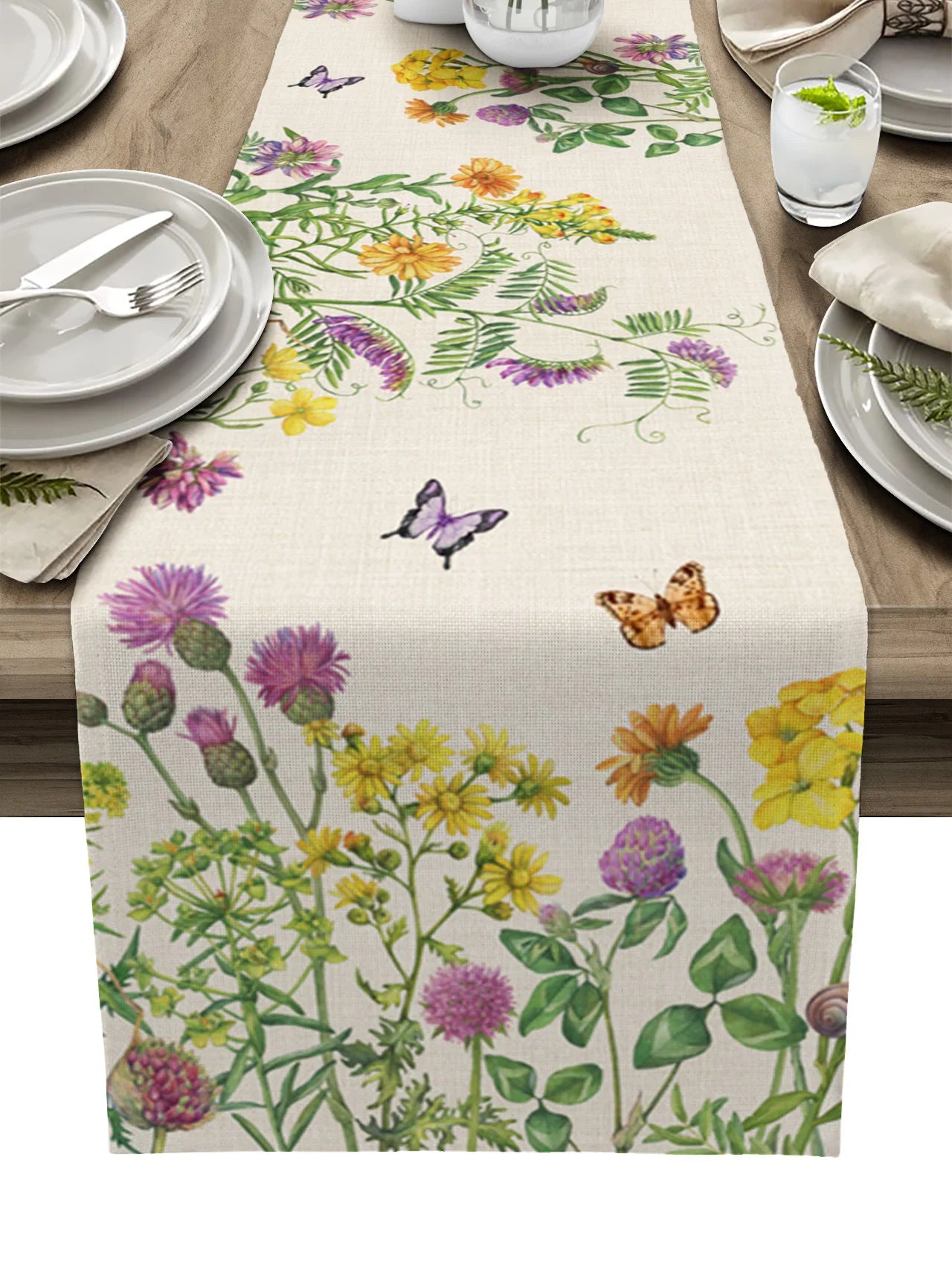 Spring Flower and Butterfly Table Runner, Luxury Kitchen Dinner Table Cover, Wedding Party Decor, Cotton Linen Tablecloth