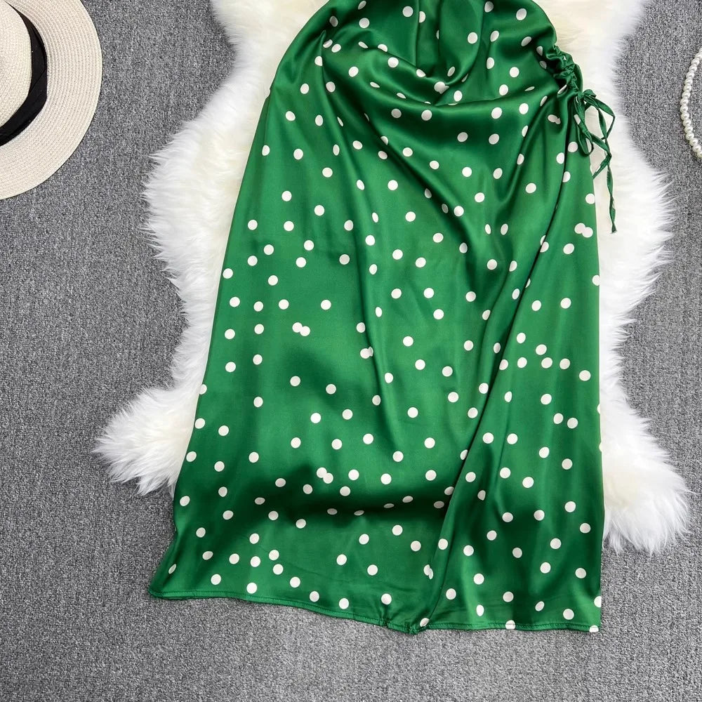 YuooMuoo Chic Polka Dot Camisole Dress for Women 2024 Summer Sexy High Split Drawstring Vacation Beach Long Dress Party Vestidos