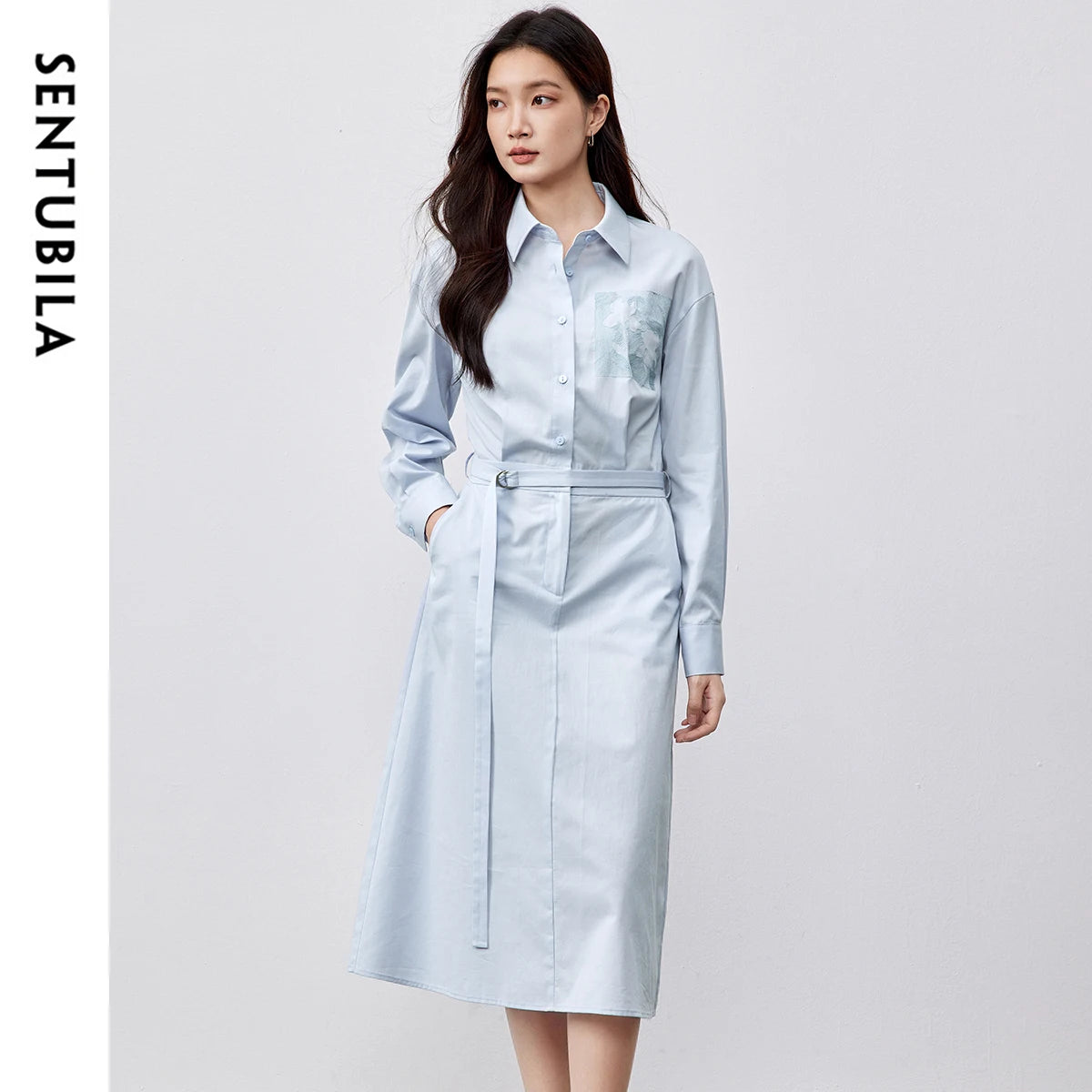 SENTUBILA Lyocell Shirt Dresses Womens 2025 Spring Cotton Embroidery A-line Turn Down Collar Solid Wrap Long Dress 151L58233