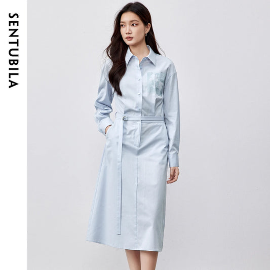SENTUBILA Lyocell Shirt Dresses Womens 2025 Spring Cotton Embroidery A-line Turn Down Collar Solid Wrap Long Dress 151L58233