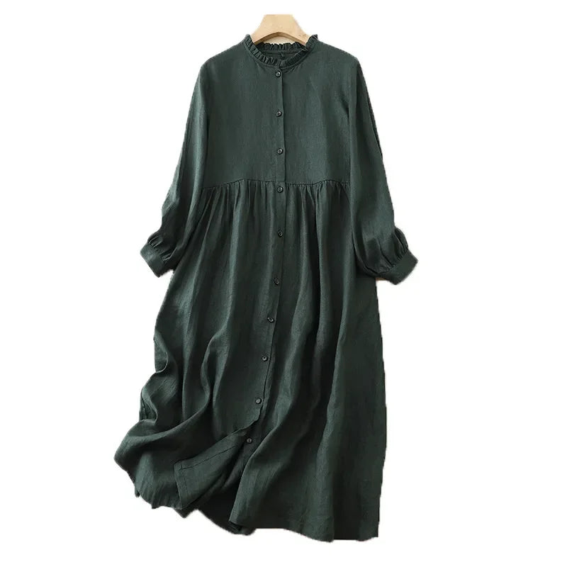 New Washable Linen Loose Cuff Sleeve Long Dress Coat Robe Open Cardigan Women's Clothing Artistic Style Middle Length Outerwear