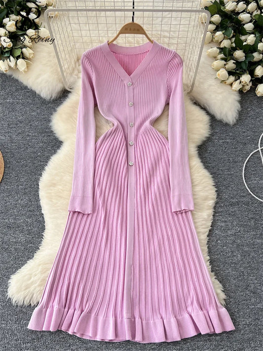 SINGREINY Autumn Knitting Sweater Dress Ladies V-Neck Single Breasted Full Sleeve Soft Slim Senior Knitted Casual Long Dress
