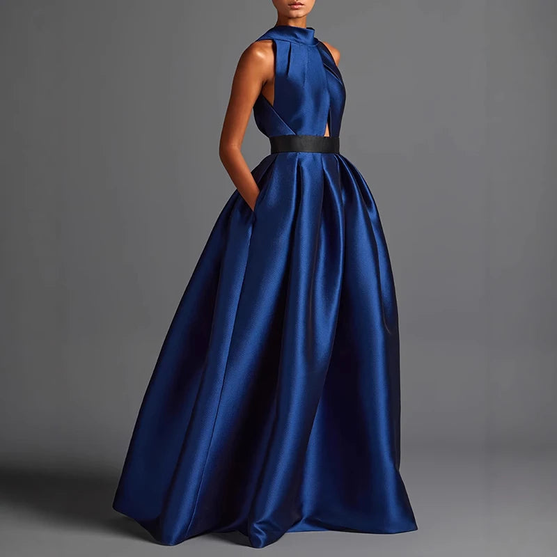 Vestidos Summer Sleeveless Hollow Satin Evening Dresses Woman Sexy O Neck Draped Long Dress Spring Solid Pocket Swing Boho Dress