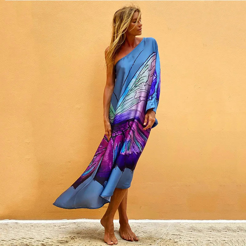 Color Butterfly Print One Shoulder Sleeve Dresses Women Sexy Off Shoulder Loose Beach Vacation Irregular Long Dress Streetwear