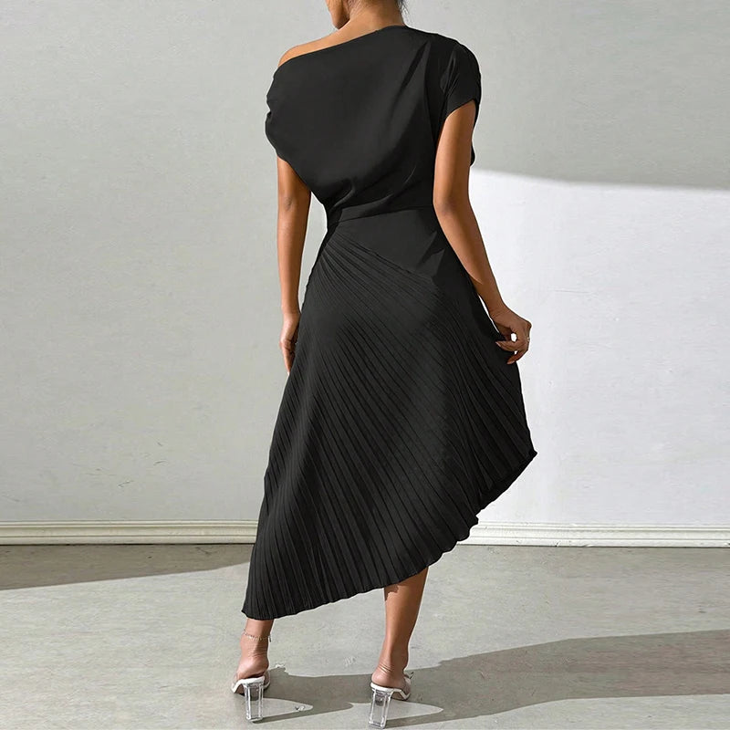 2024 Sexy Irregular Slim Club Party Dress Spring Summer Satin Solid Color Women's Dress Casual Short Sleeved Pleated Long Dress