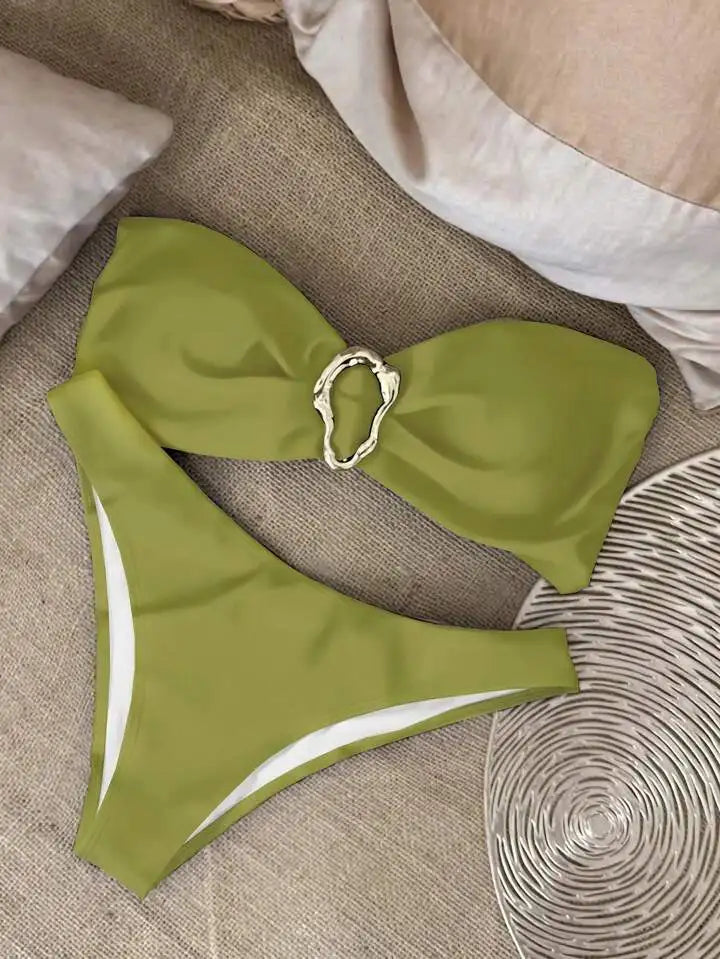 Sexy Solid Strapless Bikini 2 Piece Set Women Split Swimsuit Low Waist Beach Backless Bikini 2025 New Summer Swimwear Bikini Set