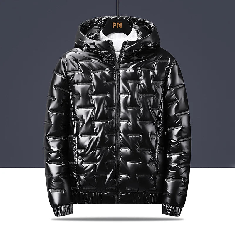 Autumn and winter men's cotton coat hooded jacket with shiny surface, personalized warm jacket, outdoor sports warm cotton coat,