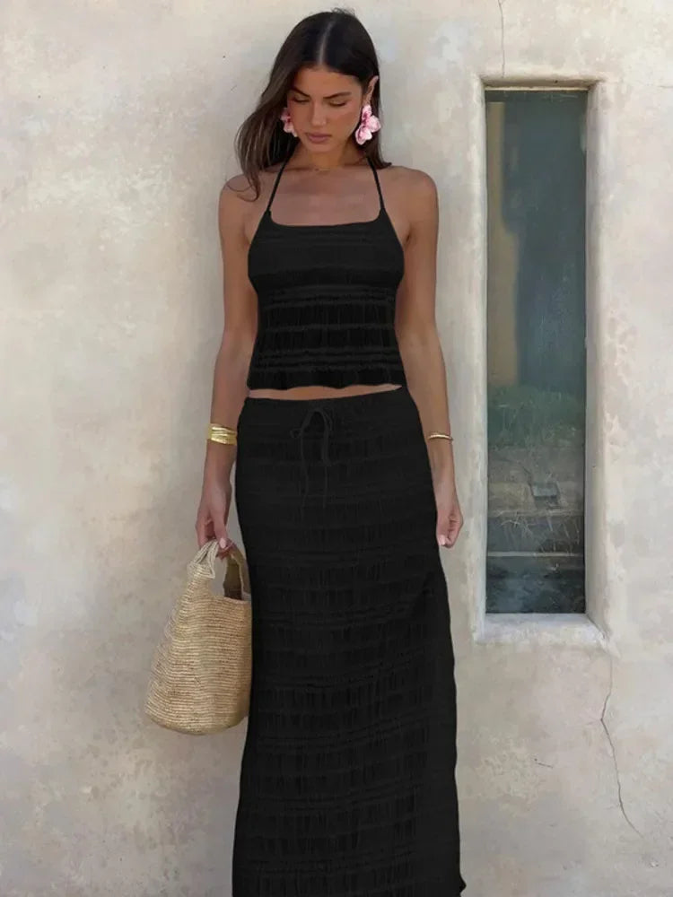 Chaxiaoa Chiffon Lace Sexy Skirt Two Piece Sets Women Halter Crop Tops and Maxi Skirt Ladies Fashion Woman Long Dress Set