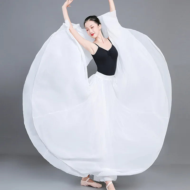 720 Degree Wide Dancing Skirt Chiffon Double Layer Semi-Long Dress Women's Solid Color Xinjiang Dance Skirt