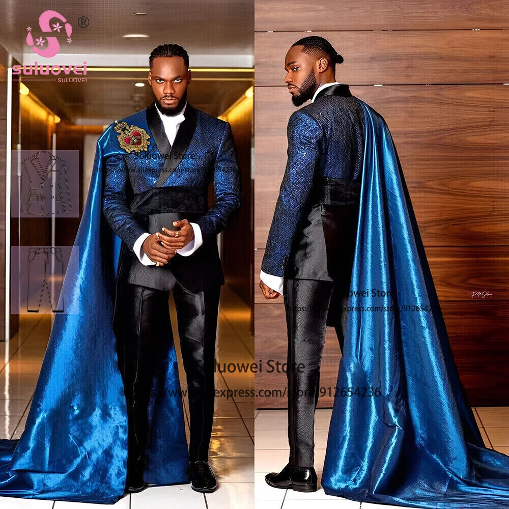 Luxury Shiny Royal Satin Suits For Men Customized 3 Piece Jacket with Long Cape Pants Set Formal Groom Wedding Party Prom Tuxedo