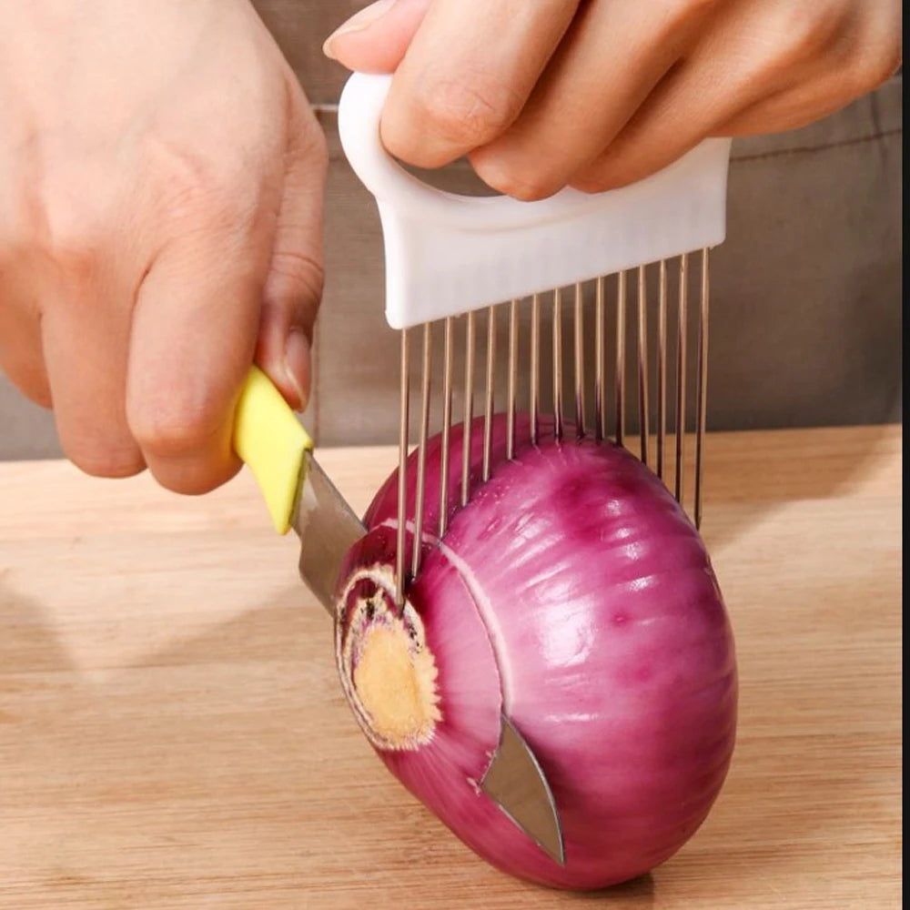 Stainless Steel Onion Needle Onion Fork Vegetables Fruit Slicer Tomato Cutter Knife Cutting Safe Aid Holder Kitchen Accessories