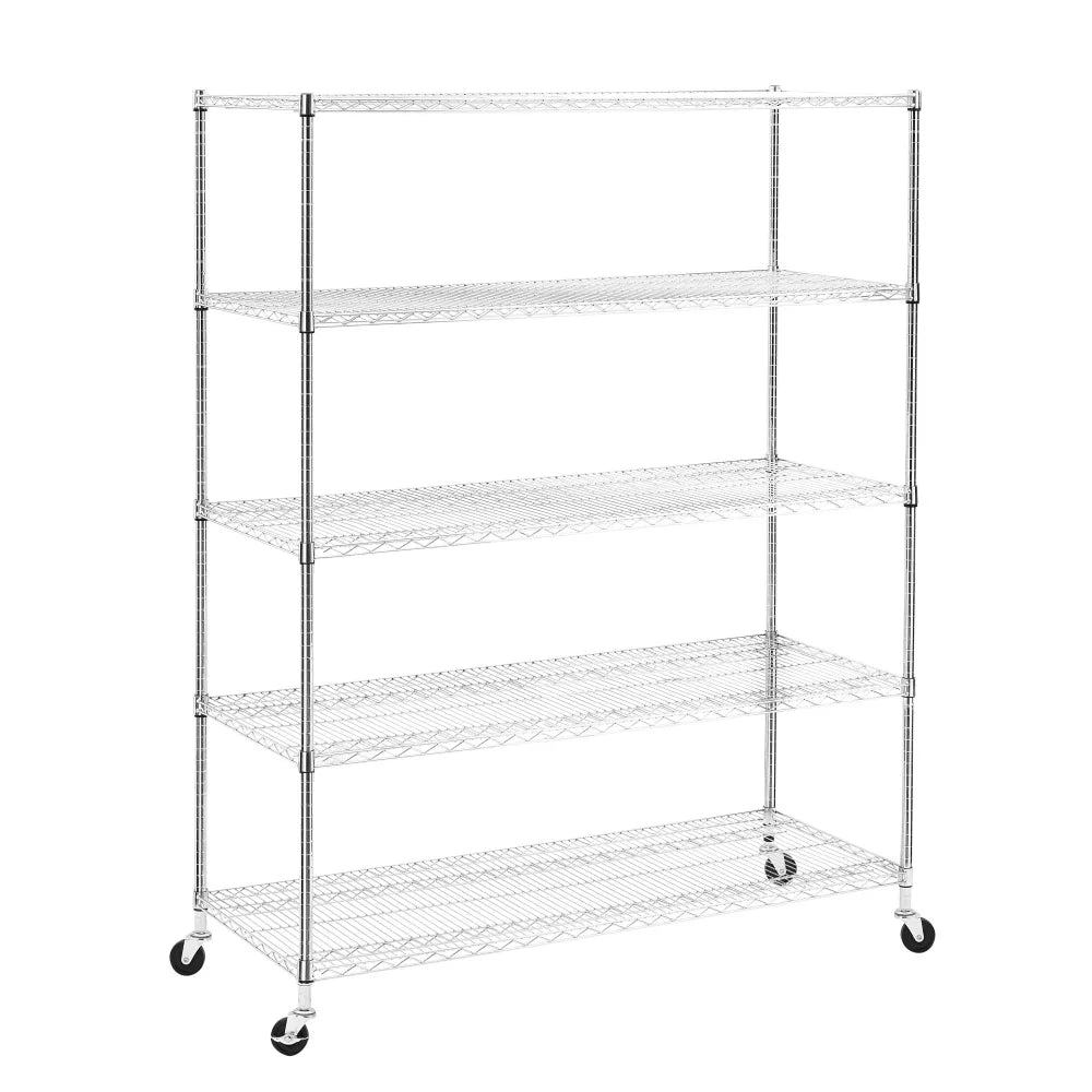 Warehouse supermarket kitchen other 5-layer heavy-duty adjustable shelves with wheels  adjustable feet  frame bearing 300 pounds