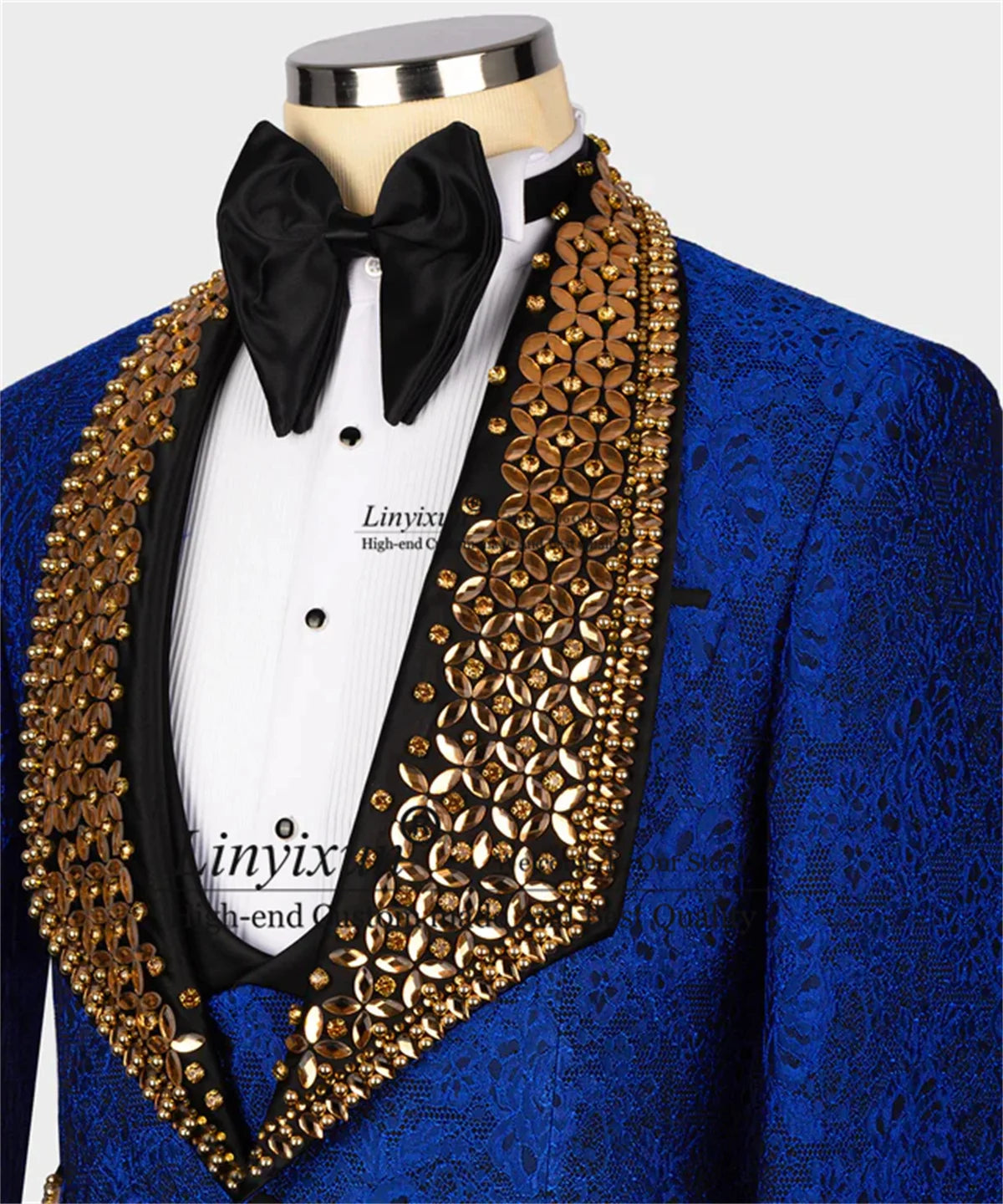 God Gem Stones Blue Special Tuxedos Men Suits 3 Pieces Groom Wedding Male Prom Blazer Luxury Crystal Customized Costume Homme