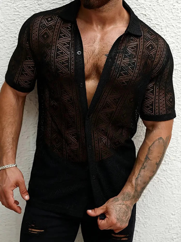 2025 Summer Trendy Mens Mesh Shirts Stylish Short Sleeve Hollow Out Mesh Shirt Vacation Men Sexy See Through Lace Cardigan Tops