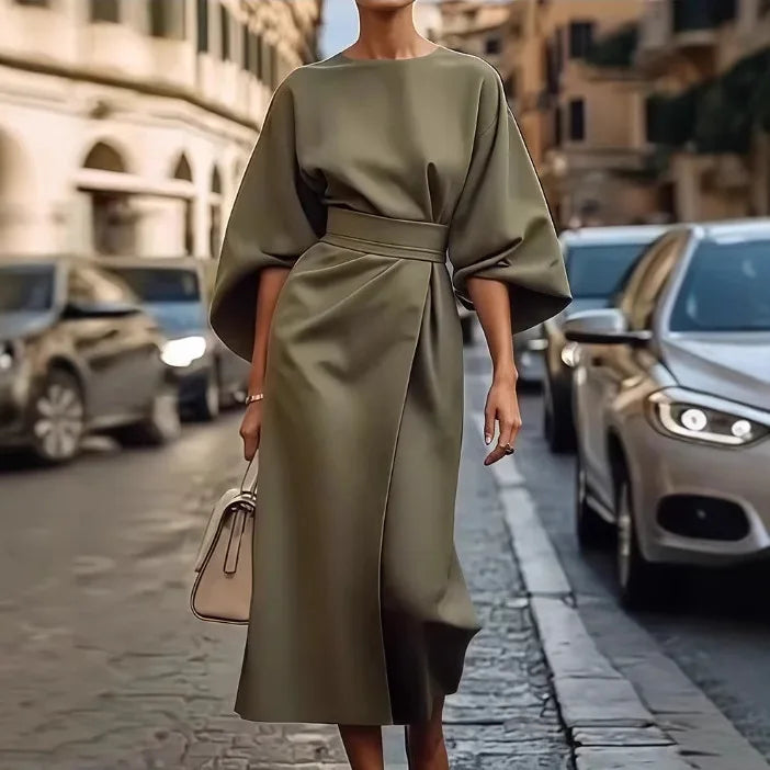 2025 Spring/Summer New Elegant Women's Dress Fashion Casual Solid Color Waist Round Neck Bat Sleeve Long Dress