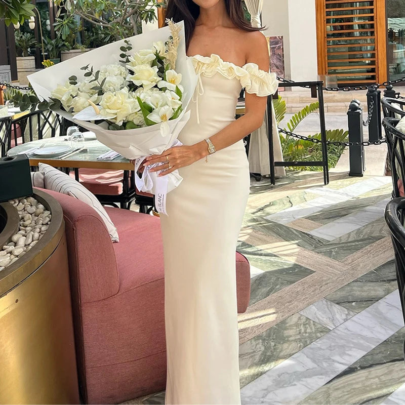 Sexy Off Shoulder Ruffles Women's Dresses Fashionable Lace Up Solid Slim Fit Long Dress Female Summer Beach Holiday Party