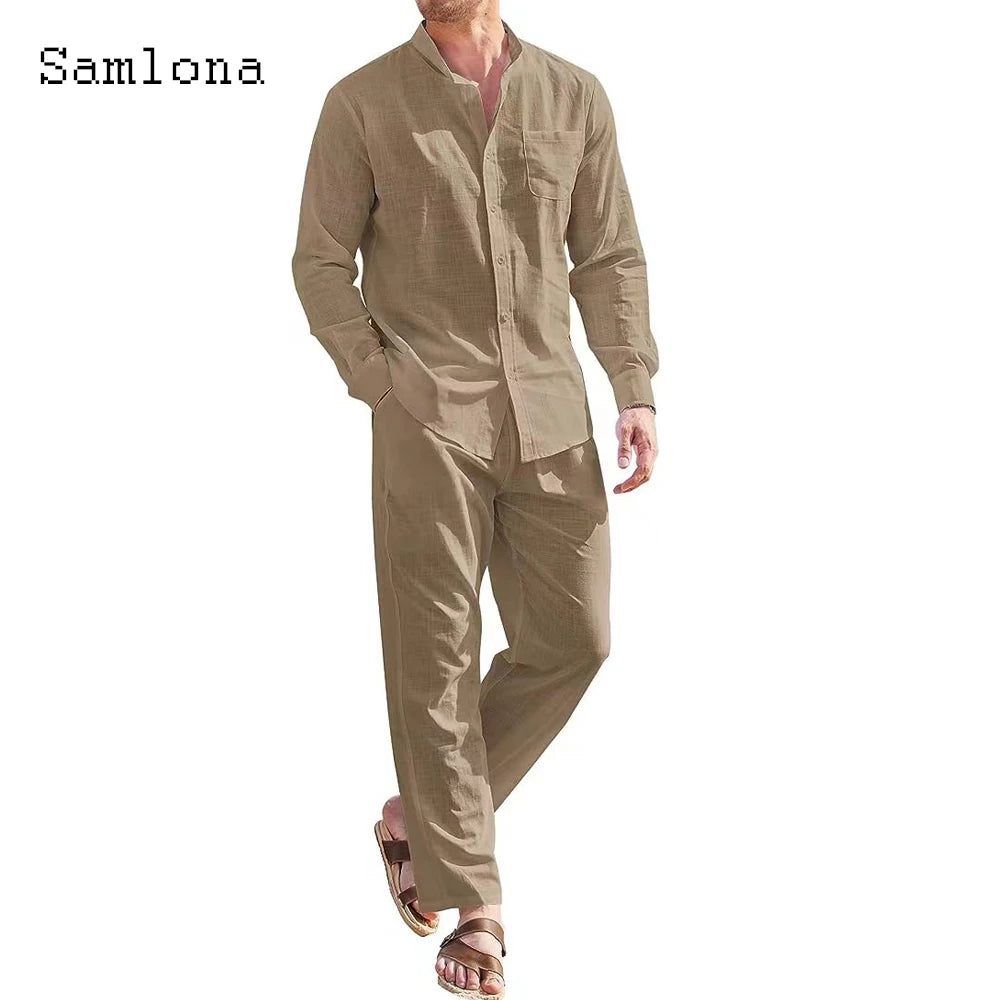 Plus Size Mens Casual Cotton Two Piece Sets 2025 Europe Style Vintage Basic Tops and Solid Pants Suit Male Beach Tracksuits Set