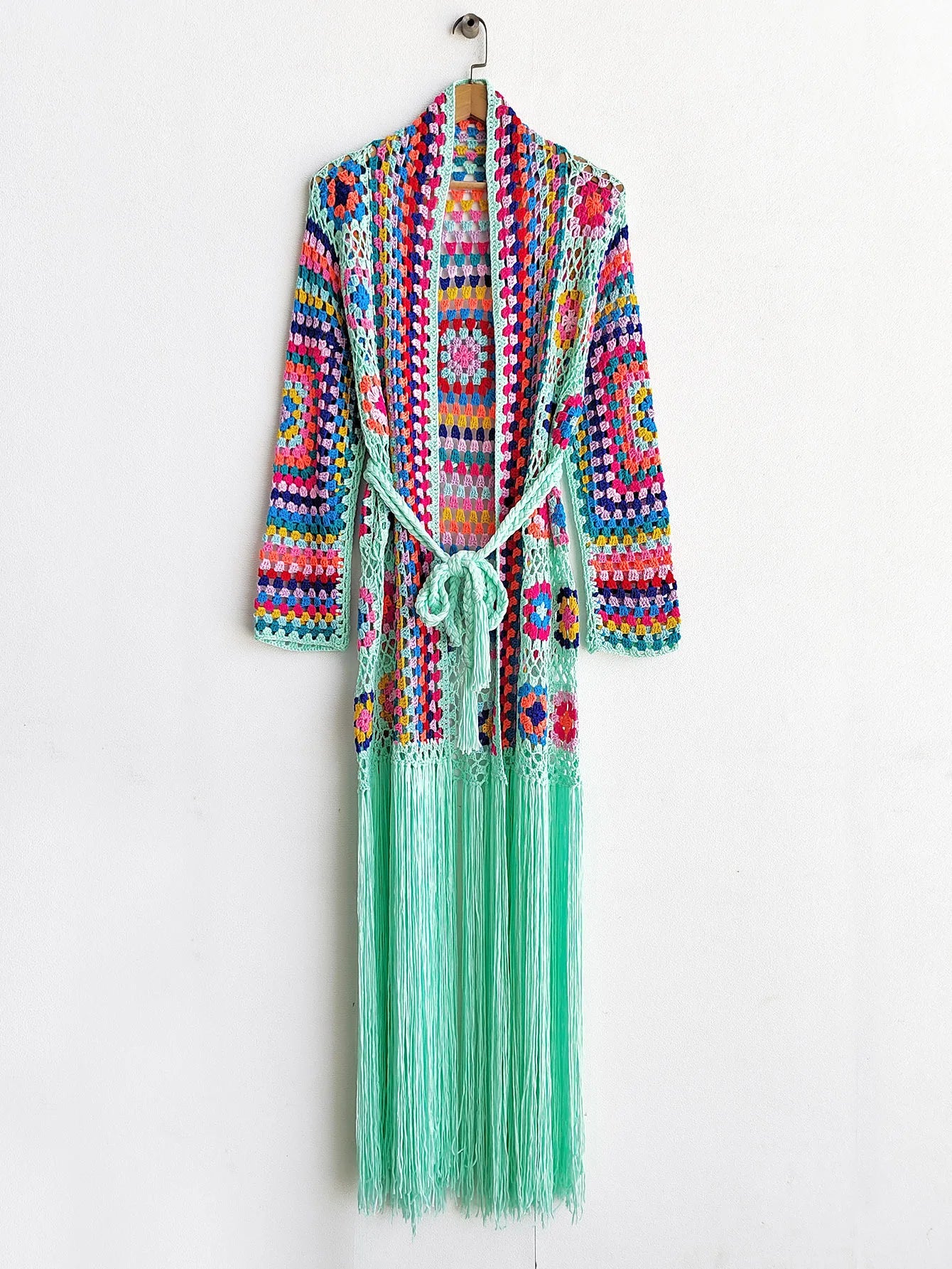 Crochet Knitted Women Cardigan Cover Ups Tassel Plaid Long Coat Bohemian 2023 Summer Beach Bikini Covers Sexy Hook Vestidos