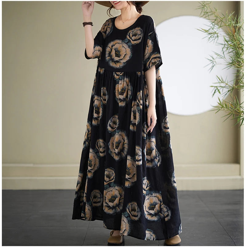 Oversized Summer Bohemian Style Long Dress Women Ruffle Pleated Fashion Flower Print Ladies Dresses Loose Casual Woman Dress