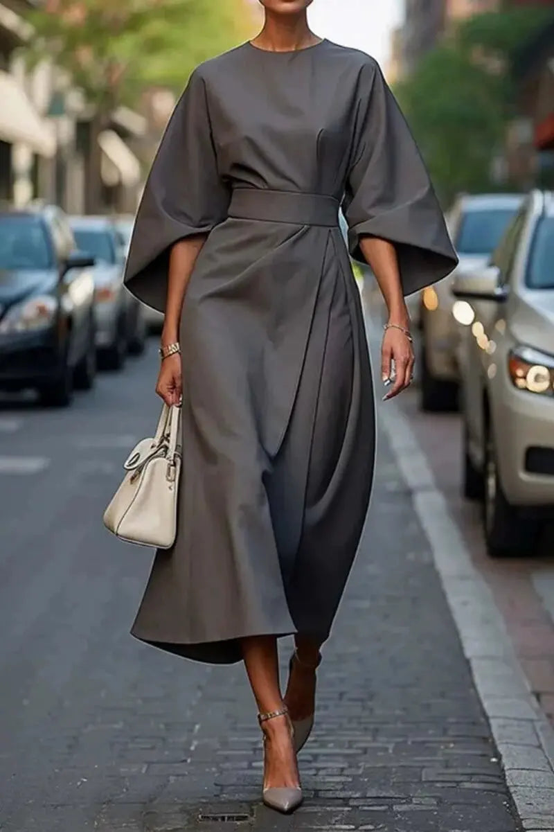 2025 Spring/Summer New Elegant Women's Dress Fashion Casual Solid Color Waist Round Neck Bat Sleeve Long Dress