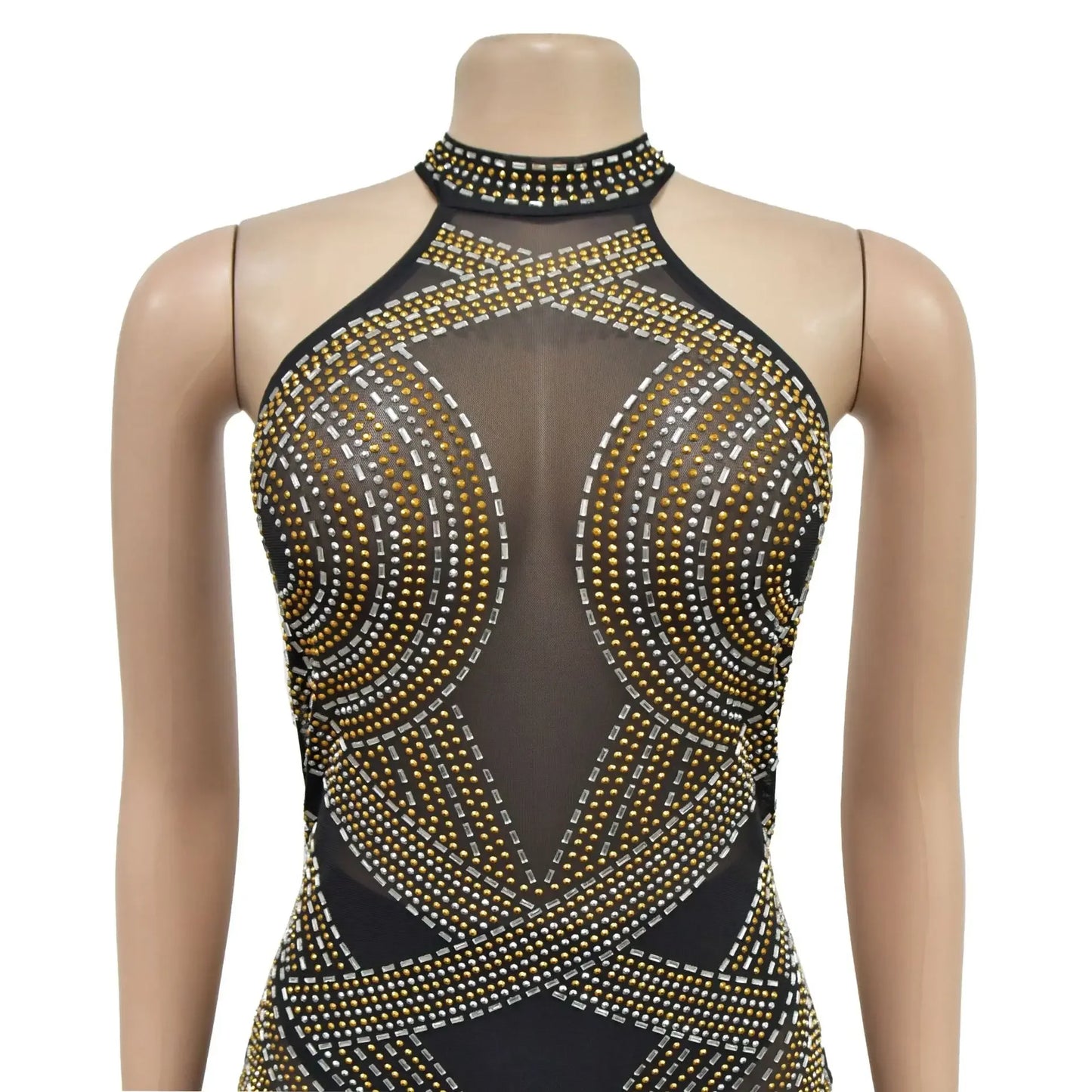 Fashion Women's Wear Solid Color Mesh Hot Rhinestone Halter Maxi Dress Sleeveless Formal Evening Long Dress Skinny Slim