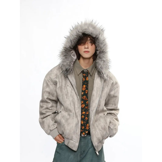 Y2K American New Fashion Solid Color Plus Velvet Padded Cotton-padded Jacket Coat Men Harajuku Hip-hop Popular Casual Couples