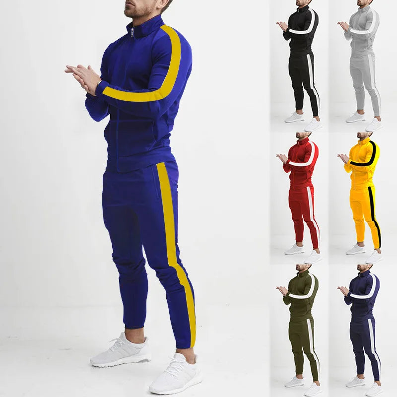 2024 cross-border Europe, America, autumn and winter new casual men's sports suit color matching men's clothing