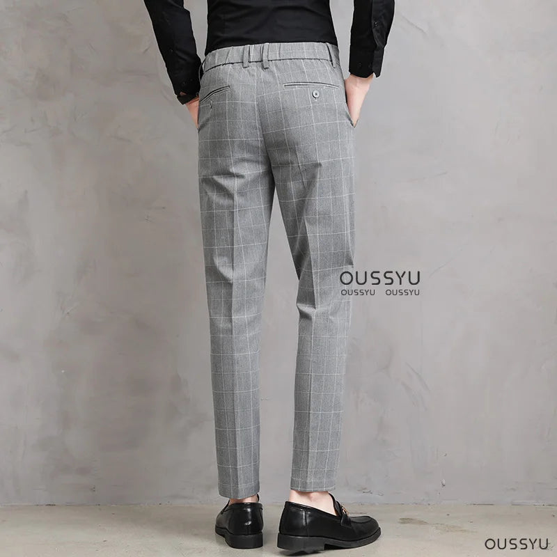 High Quality Summer Thin Plaid Pattern Formal Dress Pants Men Slim Business Work Office Party Korea Skinny Casual Trousers Male