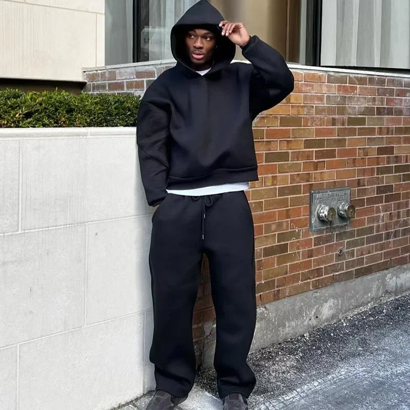 Korean Fashion Solid Color Sweatshirt Fleece Two-Piece Men's Y2K New Harajuku Casual Joker Straight Pants Couple Street Wear