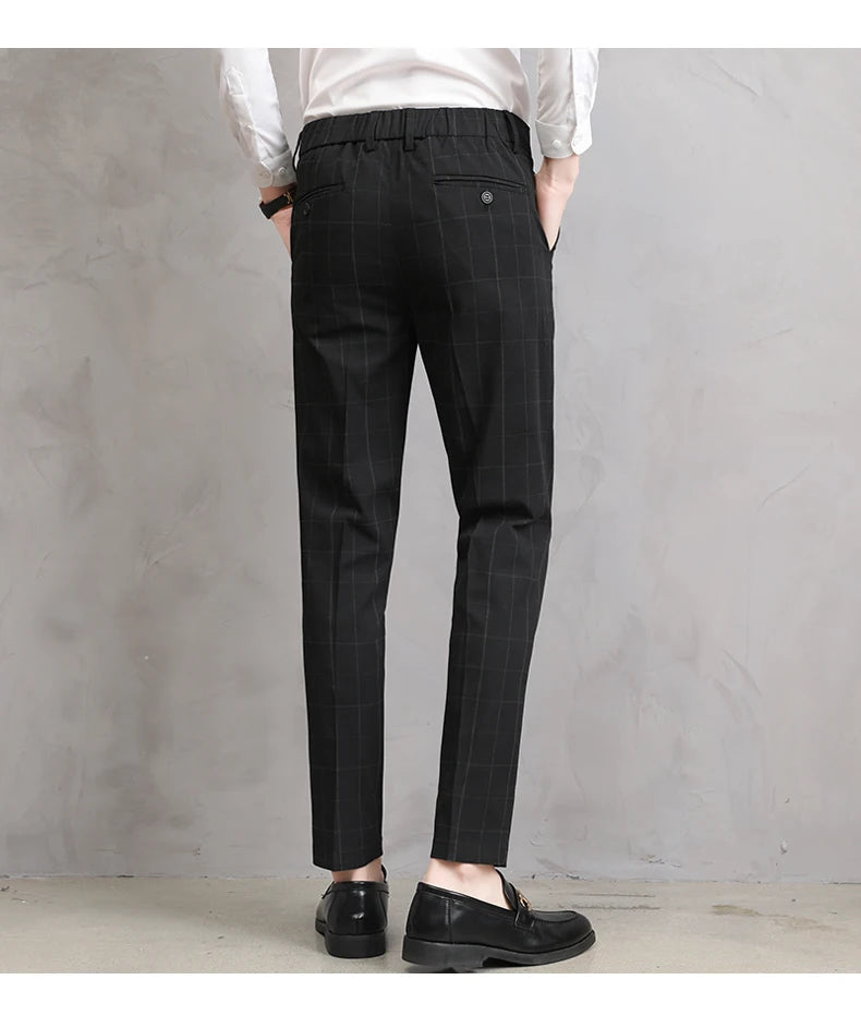 High Quality Summer Thin Plaid Pattern Formal Dress Pants Men Slim Business Work Office Party Korea Skinny Casual Trousers Male