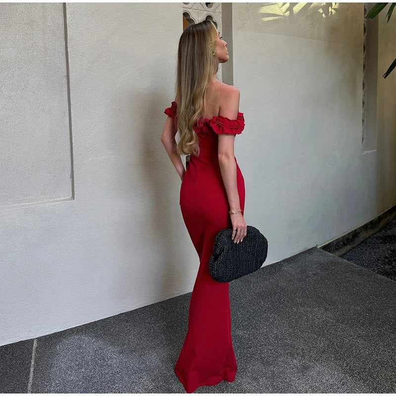 Sexy Off Shoulder Ruffles Women's Dresses Fashionable Lace Up Solid Slim Fit Long Dress Female Summer Beach Holiday Party