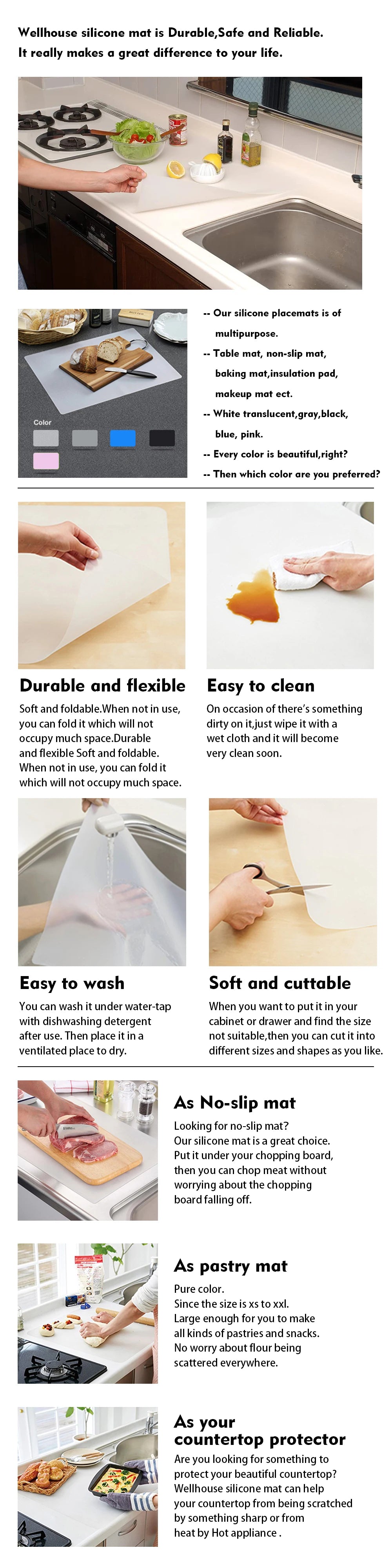 Extra Large Silicone Mat Heat Resistant Sheet Waterproof Pad Kitchen Counter Protector Vinyl Craft Mats Nonslip Table Placemat