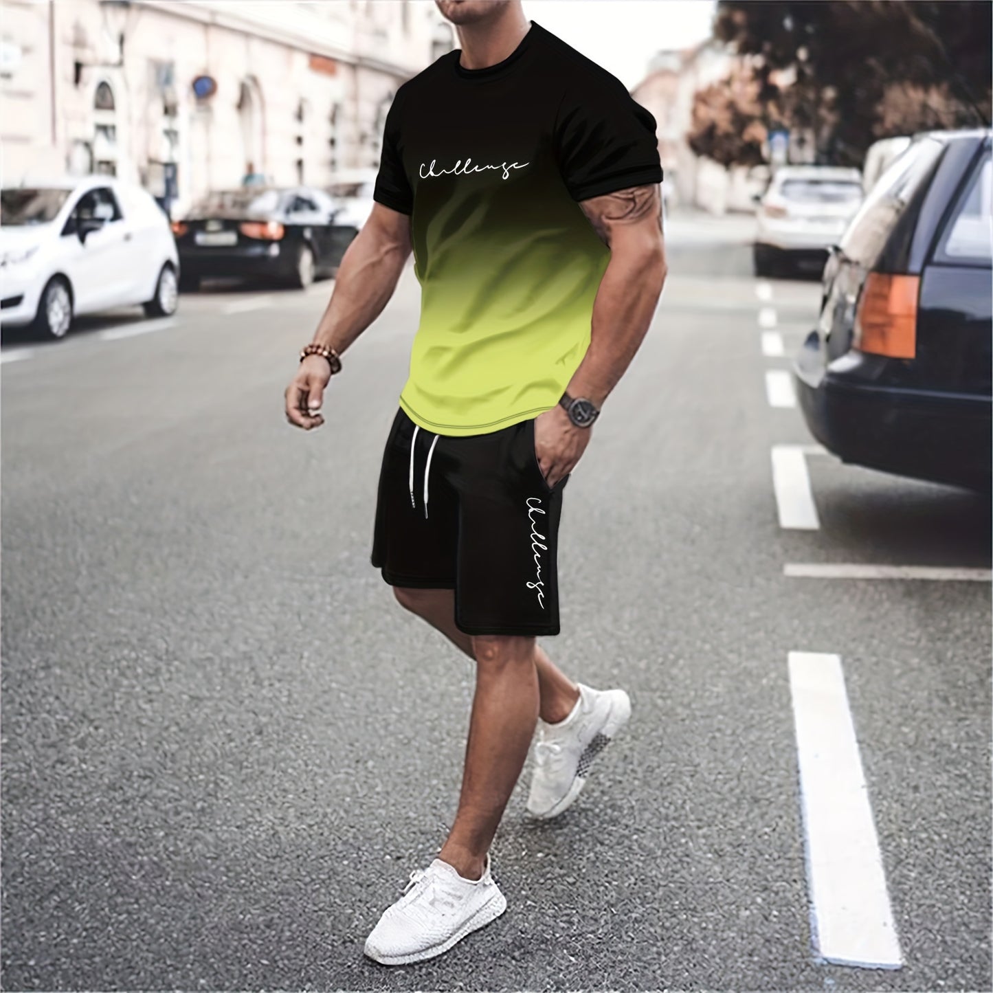 Ombre 2Pcs Trendy Outfits For Men, Casual Crew Neck Short Sleeve T-shirt And Drawstring Shorts Set For Summer, Men's Clothing Vacation Workout