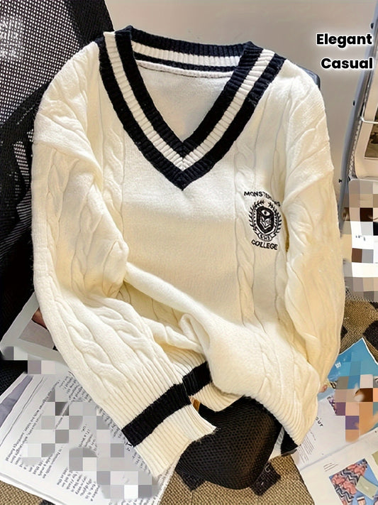 Women's Elegant V-Neck Sweater with Contrast Stripes & Badge - & Black Accents, Medium Stretch All-Season Pullover for Casual or Formal Wear