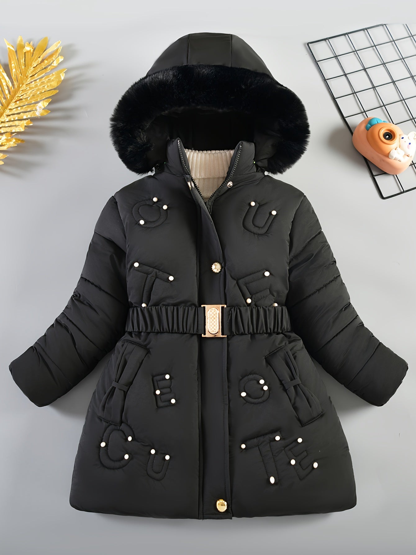 TIRSIUXA Girls' Winter Fashion Parka with Detachable Plush Hood, Adjustable Belt & Lettering - Cozy Polyester Jacket for Outdoor Play, Black, Girls Winter Clothes
