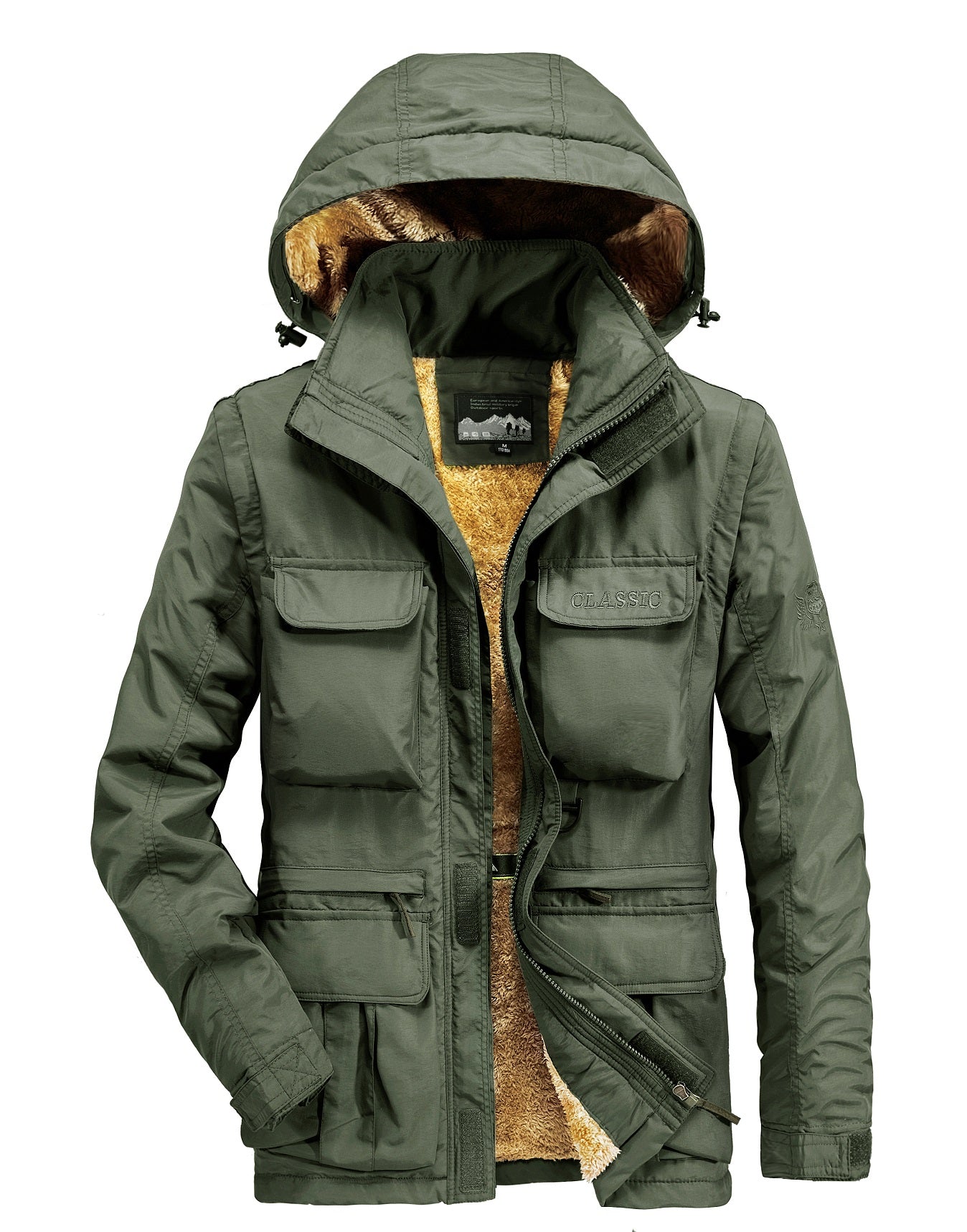 WarmthMax Cargo Jacket for Men - Fleece Lined, Removable Hood, Military Style, Water Resistant, Breathable, and Adjustable Fit for Outdoor Activities