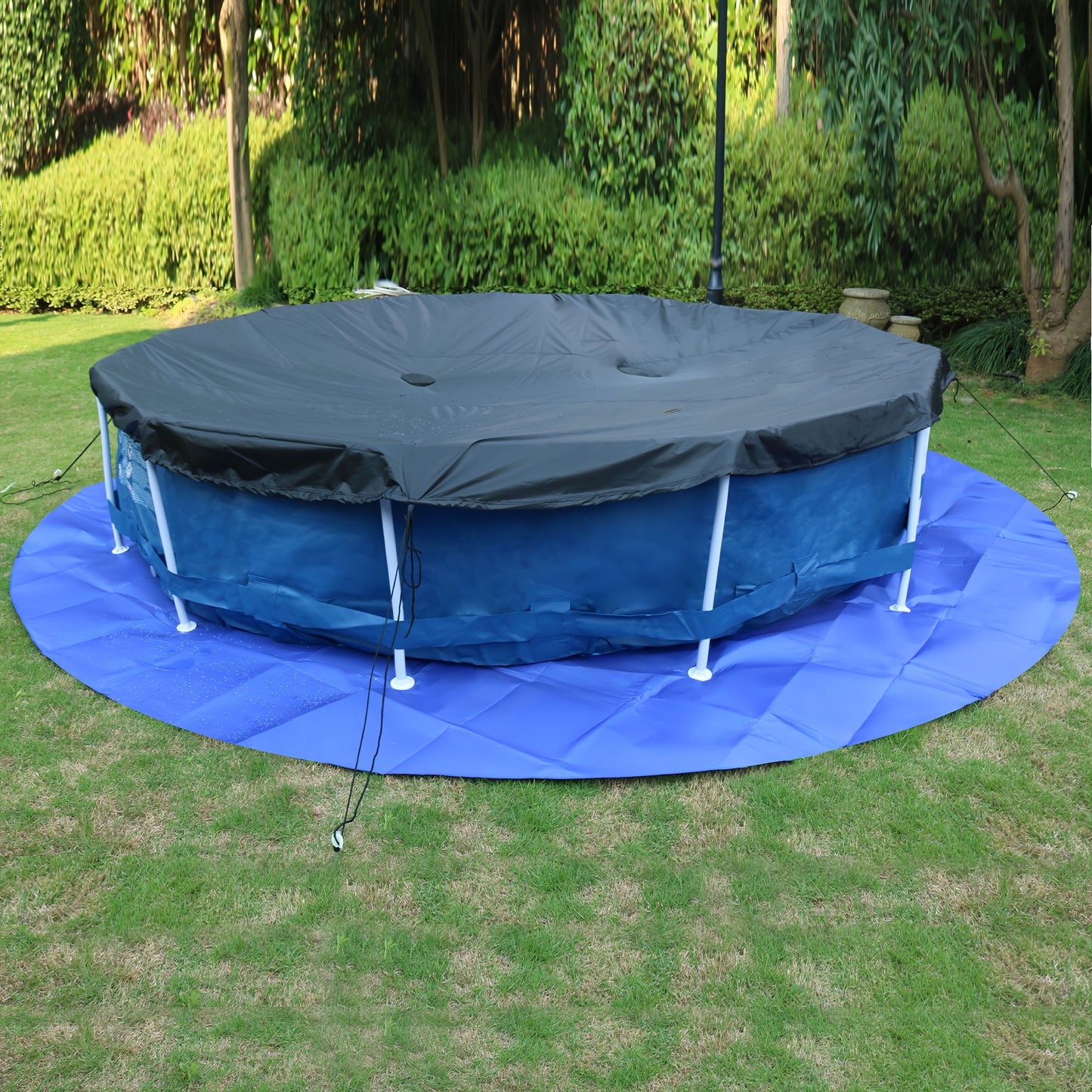 1pc Round Foldable Pool Cover Mat - Thick Oxford Fabric Pool Floor Mat with Drawstring Closure, Blue & Black Design for Above-Ground Pools, Outdoor Patio, Garden, Backyard, Pool Cover for Above Ground Pool, Garden Relaxation, Durable Pool Cover