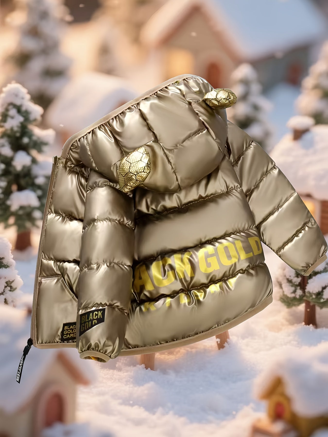 Boys' & Girls' Winter Coat - Warm Zip-Up Hooded Jacket with "ACMGOLO" Print, Golden & Black Design, Long Sleeves, Polyester Filling, Casual Style for All Seasons, Winter Coat for Boys, Allseason Outerwear, Stylish Winter Wear, Durable Winter Wear