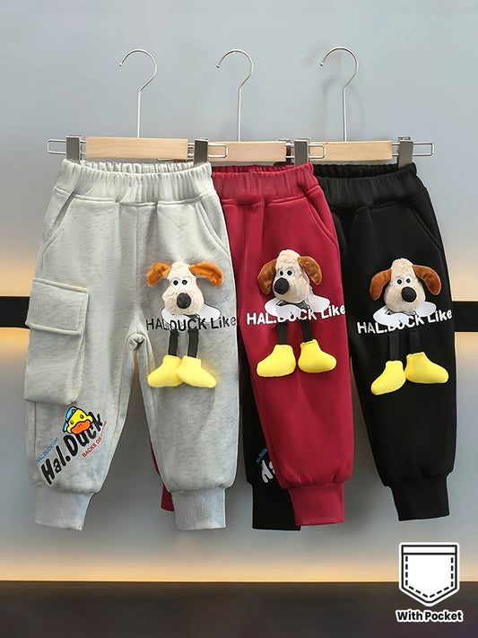 3-Pack Boys' Elastic Waist Jogger Pants with Puppy Print & "Halloween Like" Design - Cozy Fleece-Lined Casual Pants, Pockets, Regular Fit for School, Outdoor Activities, Fall/Winter (Grey, Red, Black), Jogging Pants, School Wear, Playful Design, Soft Tex