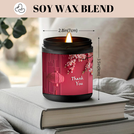 1pc Cherry Blossom Scented Candle in Jar or Glass Jar - Red & Black Floral Design with Thank You Message, Soy Wax Long-Lasting 8-12 Hours, Elegant Home Decor Gift for Birthdays, Anniversaries, Graduation, Thanksgiving, Cherry Blossom Decor, Festive Occas
