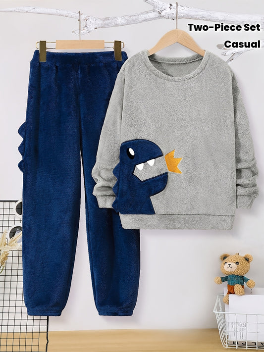 Boys' Plush Cartoon Dinosaur Print Autumn/Winter Casual Two-Piece Set, Perfect for Outdoor