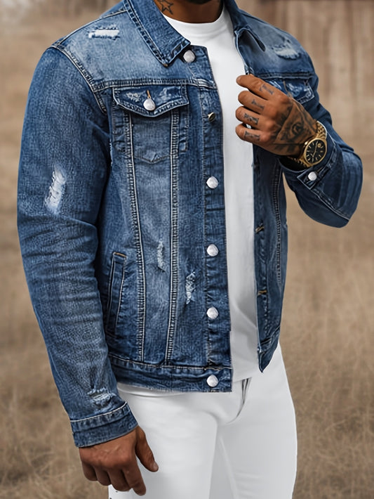 Men's Slim Fit Distressed denim Jacket - Lightweight Motorcycle Coat with Button Closure, Non-Stretch Fabric for Casual Streetwear, Everyday & Special Occasions - Machine Washable Urban Outerwear, Versatile Layering, Highstreet Fashion, Sturdy Constructi