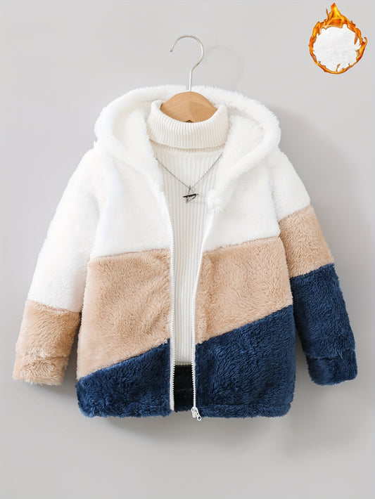 ' Casual Fashion Color Block Fleece Jacket with Hood, Zipper Detail, Polyester 100% Knit Fabric, Slight Stretch, Regular Fit - Ideal Fall/Winter Gift