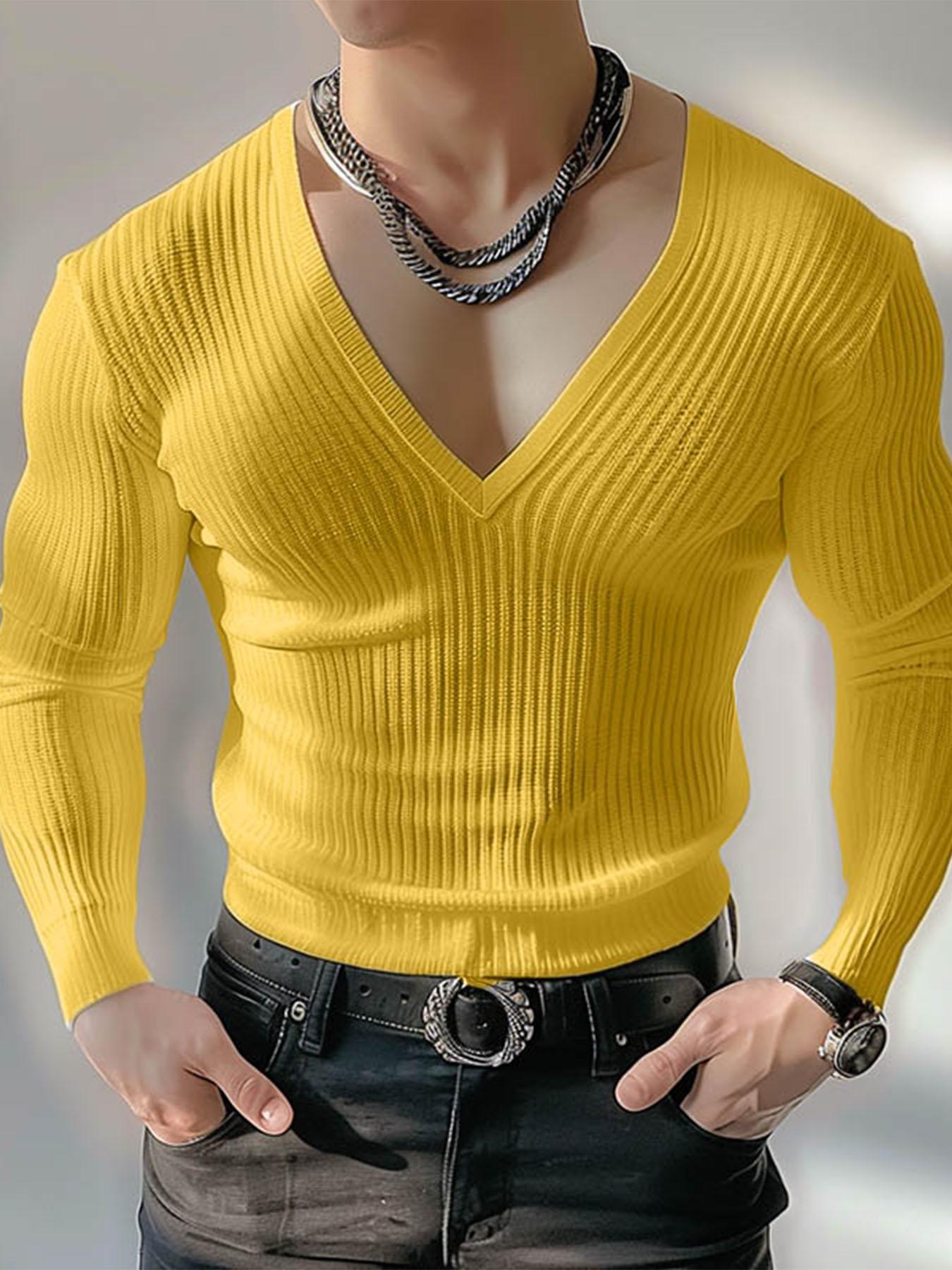 Men's Slim Fit Ribbed Knit V-Neck Long Sleeve Tee - Stretchy, Breathable & Machine Washable, Bright Yellow Casual Top for Casual Attire, Versatile Clothing, Stylish Slim Fit, Stretchy Material