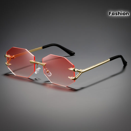 1 Pair Retro Square Frameless Fashion Glasses - Vintage Style Pink Tinted Decorative Lenses, Unisex Fashion Eyewear for Halloween Christmas Carnival, Gift-Ready with Cleaning Cloth (132-138mm), Photography Props, Trendy Accessory, Goldtoned Accents