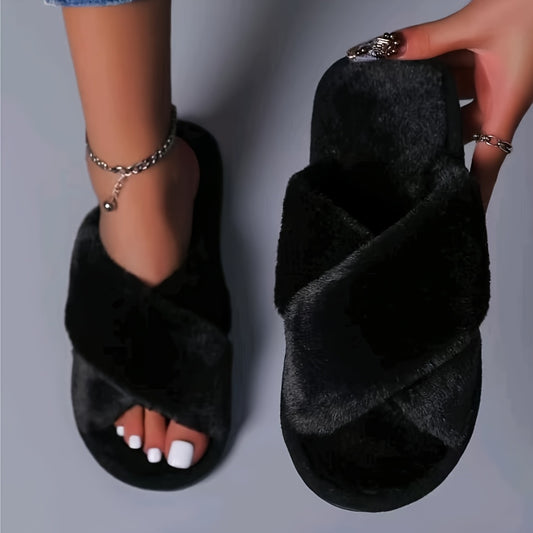 Cozy Crisscross Furry Slippers - Women's Warm Plush Fuzzy Flat Open Toe Home Shoes with Soft Comfy Insoles - Perfect for Lounging Around the House
