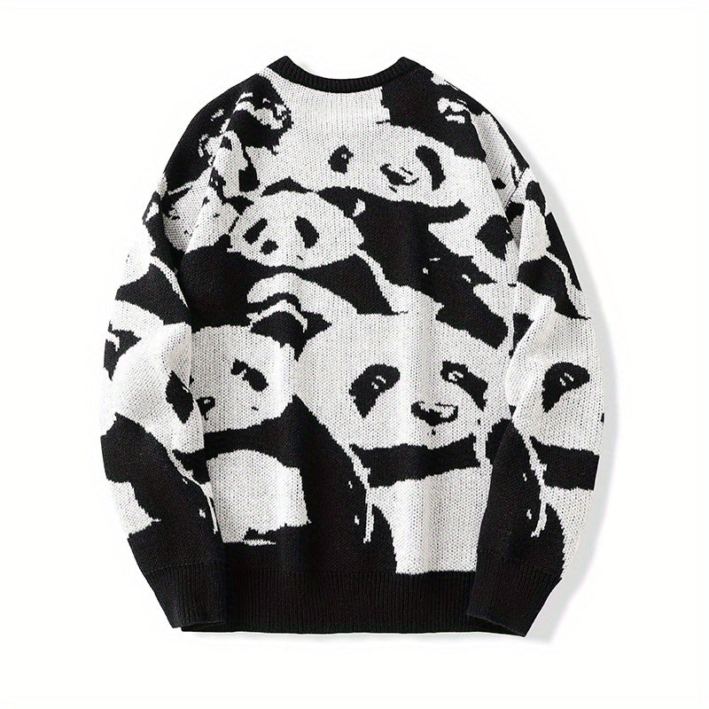 Cozy Panda Crew Neck Sweater - Novelty Cartoon Knit Pullover for Men - Warm, Slightly Stretchy, Casual Fall Winter Wear with Fun Panda Pattern
