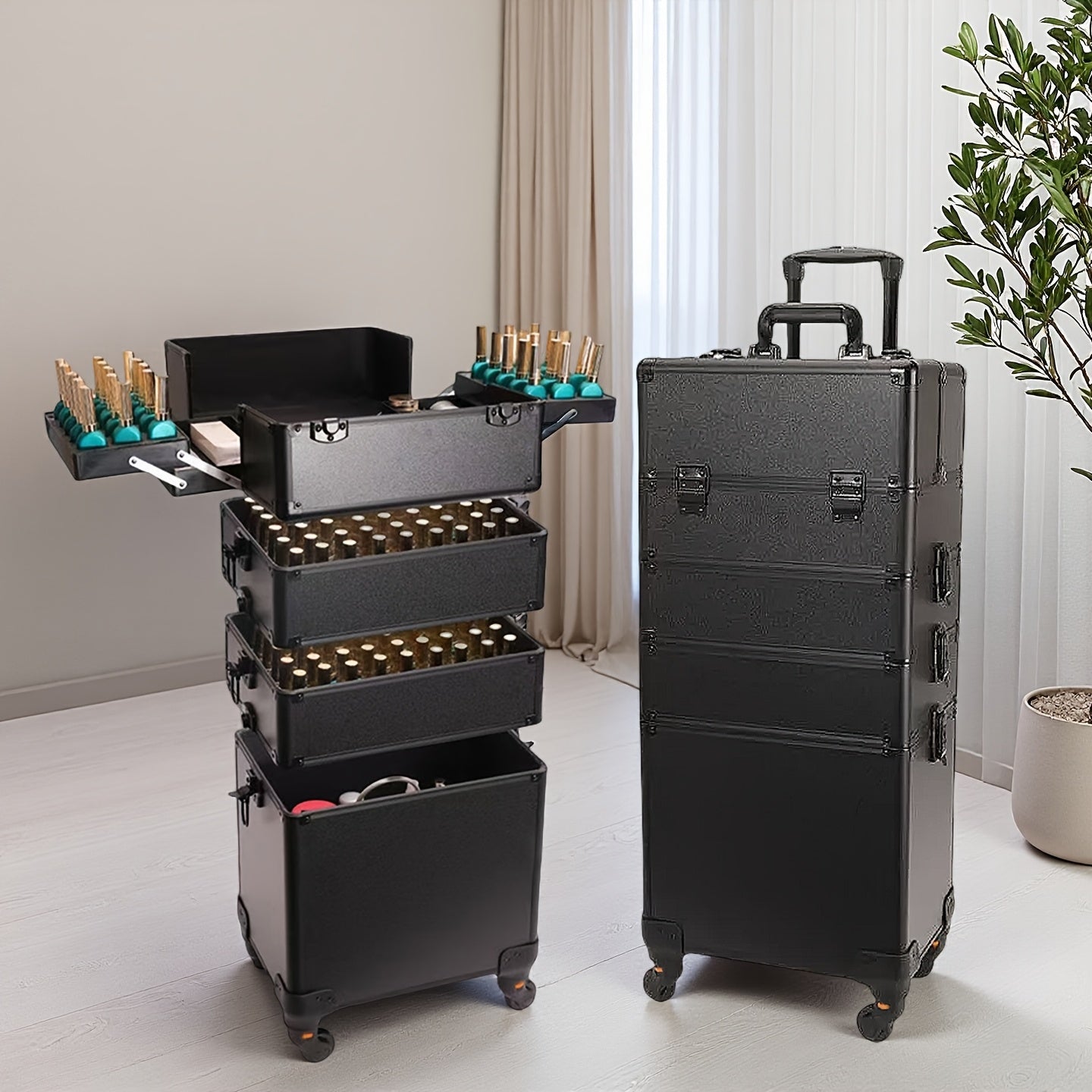 Professional Heavy-Duty Locking Mobile Beauty Case - Aluminum Alloy Makeup Cart with 4-Wheel Silent Locking System, Multi-Tier Drawers & Built-In Workstation (68.58cm+ Height) - Freestanding Organizer for Makeup Artists, Salon & Travel