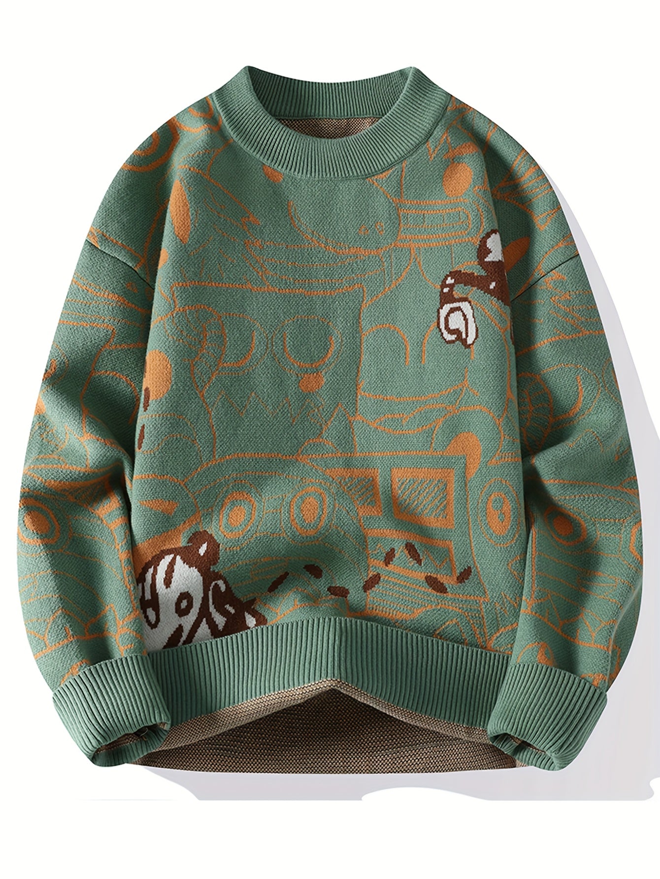 Men'S Cozy Geometric Pattern Sweater - Thick, Warm Pullover with Brown & White Design, Long Sleeves, Round Neck, Perfect for Fall/Winter Casual Wear, Casual Winter Wear | Trendy Pullover | Acrylic Knitwear, Men Sweater/cardigan/sweatshirt, Men Clothes