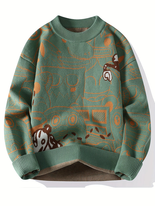 Men'S Cozy Geometric Pattern Sweater - Thick, Warm Pullover with Brown & White Design, Long Sleeves, Round Neck, Perfect for Fall/Winter Casual Wear, Casual Winter Wear | Trendy Pullover | Acrylic Knitwear, Men Sweater/cardigan/sweatshirt, Men Clothes